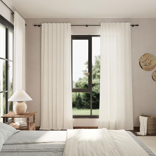 Cream Linen Back Tab Curtains 86 Inch Length for Living Room 2 Panel Set Farmhouse Window Semi Sheer Linen Drapes Rustic Pinch Curtain for Bedroom 52X86 (52"W x 86"L (Pack of 2) / Natural)