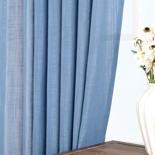 Denim Blue Curtains for Living Room Back Tab Modern Farmhouse Semi Sheer Blue Curtains 144 inches Long 2 Panels Set Muted Neutral Window Curtain for Dining Room Bedroom 52x144 (Denim Blue / 52"W x 144"L (Pack of 2))