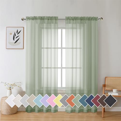 Sage Green Sheer Voile Window Treatment Rod Pocket Curtain Panels for Kitchen Bedroom Living Room Drapes Sunlight Filtering Privacy Semi Home Decor Assorted Colors Sizes (40"W x 72"L (Pack of 2) / Sage Green)