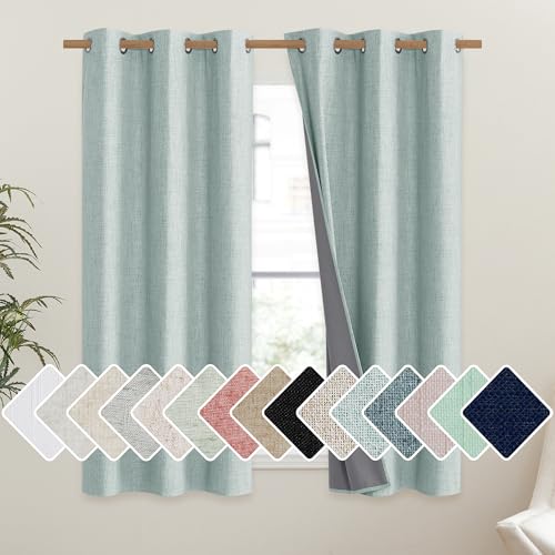 100% Absolutely Blackout Linen Curtains with Thermal Insulated Liner (42"W x 45"L (Pack of 2) / Seafoam Green)