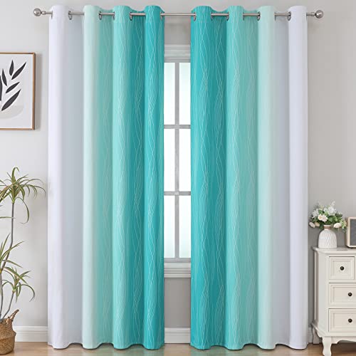 Teal and Grayish White Ombre Blackout Curtains for Living Room 84 Inch Long (Teal and Greyish White / 52"W x 84"L (Pack of 2))