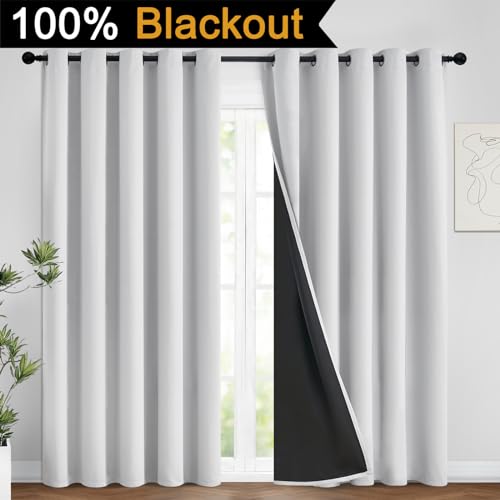Greyish White 100% Blackout Curtains 84 Inches Long (62"W x 84"L (Pack of 2) / Greyish White)