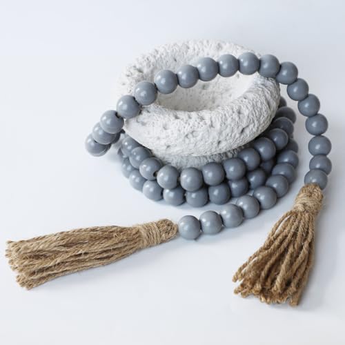Boho Decor Wood Beads Garland Farmhouse Wall Hanging Decorations Natural Wooden Bead Tassel Decorative for Coffee Table Christmas and Prayer (Grey / 58")