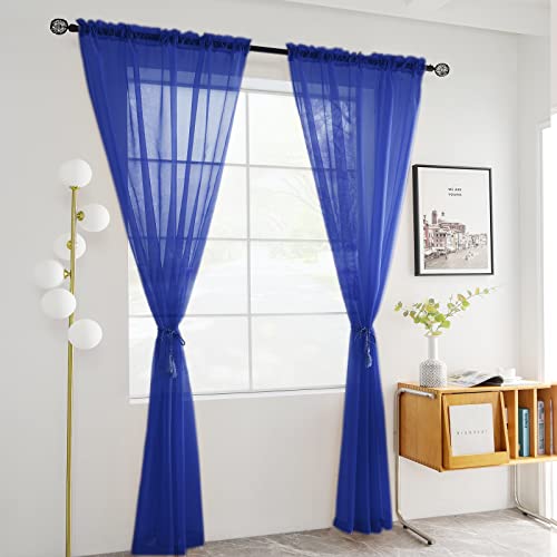 Solid Sheer Rod Pocket Curtain Voile Draperies 2 Panels White Beige Black Grey Coffee 52 Inch Width 54 Inch Long 1 Pair for Kitchen Bedroom Children Living Room Yard (Blue Sapphire / 52"W x 54"L (Pack of 2))