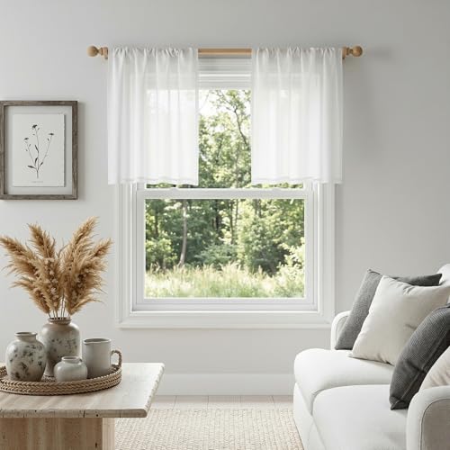 Semi Sheer White Curtains 36 Inches Long for Kitchen 2 Panels (34"W x 36"L (Pack of 2) / Pure White)