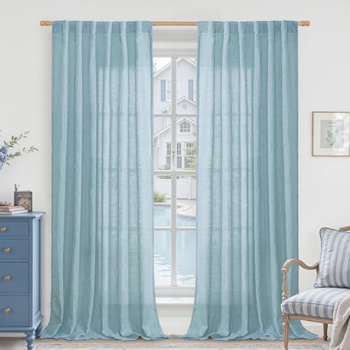 102 Inches Long Linen Curtains for Living Room Bedroom 2 Panels (Stone Blue / 52"W x 102"L (Pack of 2))