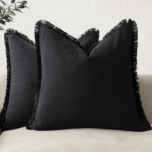 Decorative Linen Fringe Throw Pillow Covers 20×20 Inch (20" x 20" (Pack of 2) / Black)