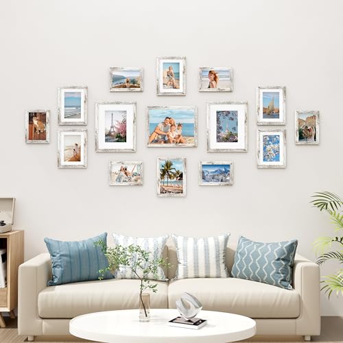 15 Pack Picture Frames Collage Wall Decor (Distressed White)