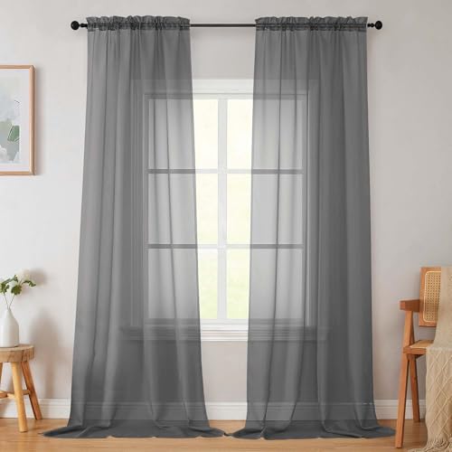 Grey Sheer Curtains for Bedroom Living Room 96 Inches Long 2 Panels (Grey / 42"W x 96"L (Pack of 2))
