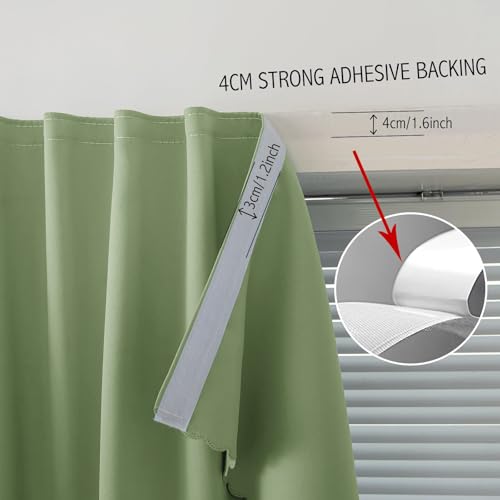 Magic Tape Blackout Curtains for Bedroom No Drillng Self Adhesive Curtains No Rod Small Window (47"W x 96"L (Pack of 1) / Sage Green)