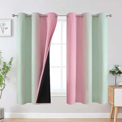 Sage Green and Pink Ombre Blackout Curtains for Bedroom (Sage and Pink / 42"W x 63"L (Pack of 2))