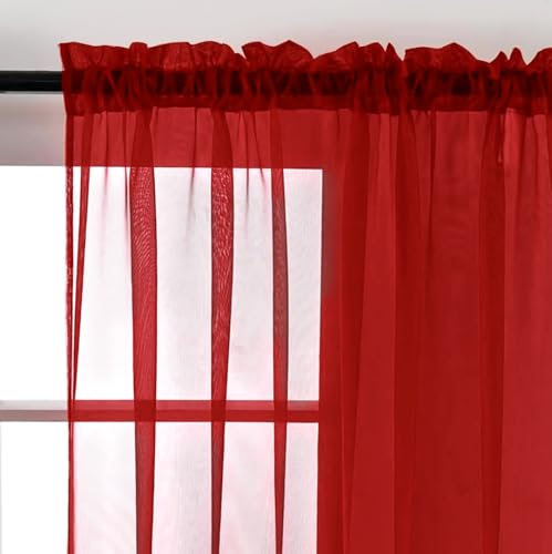 Sheer Voile Window Treatment Rod Pocket Curtain Panels for Kitchen Bedroom Living Room Drapes Sunlight Filtering Privacy Semi Home Decor Assorted Colors Sizes (Christmas Red / 52"W x 63"L (Pack of 2))