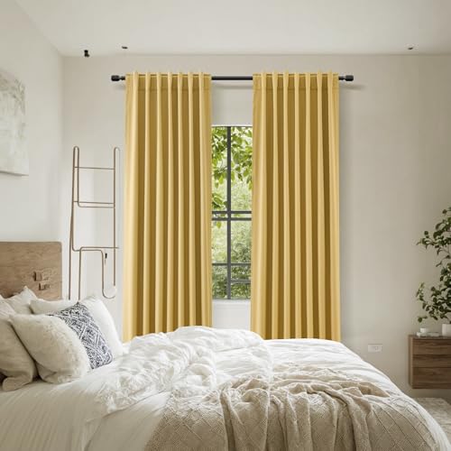 Gold 100% Blackout Linen Curtains 108 Inch Length 2 Panels Set for Living Room Bedroom Back Tab Thermal Insulated 100% Black Out Drapes Room Darkening Farmhouse Style for Bedroom Window Curtains (Gold / 52"W x 108"L (Pack of 2))