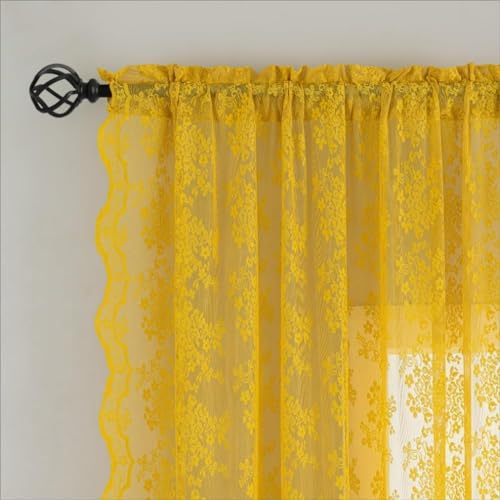 Vintage Lace Curtains Boho Sheer Kitchen Curtain Panels 45 inch Length for Window Over Sink Spring Floral Pattern Design Small Short Drapes for Bathroom 2 Panels 52W x 45L (Mustard Yellow / 52"W x 45"L (Pack of 2))