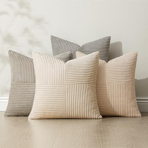Neutral Decorative Throw Pillow Covers 20x20 Inch Set of 4 for Livingroom Couch Sofa Modern Farmhouse Soft Corduroy Cushion Cases Striped Patchwork Home Decor (20" x 20" (Pack of 4) / Neutral)