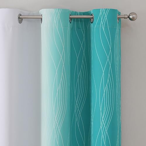 Teal and Grayish White Ombre Blackout Curtains for Living Room 63 Inch Long (Teal and Greyish White / 42"W x 63"L (Pack of 2))