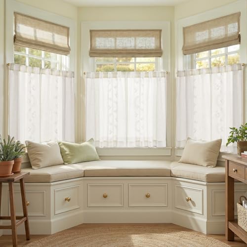 White Floral Linen Kitchen Tier Curtains 36 Inch (A| Off White / 26"W x 36"L (Pack of 2))
