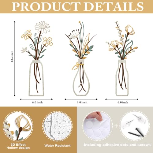 3 Pieces Metal Flowers Wall Art (Beige Gold)