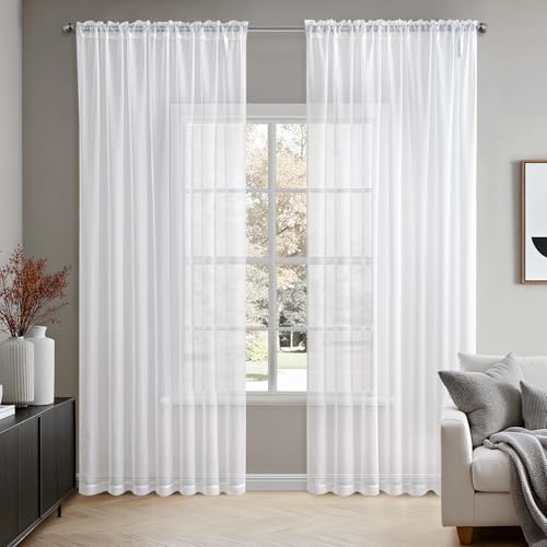 2 Panels White Sheer Curtains for Living Room 70 X 96 Inches (White / 70"W x 96"L (Pack of 2))