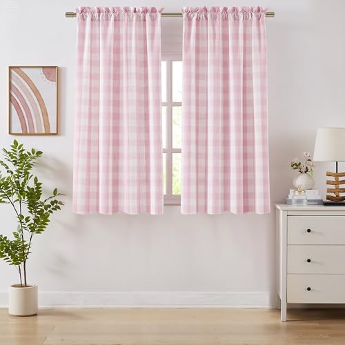 63 Inch Pink White Buffalo Plaid Semi Sheer Curtains (Pink/White / 52"W x 63"L (Pack of 2))