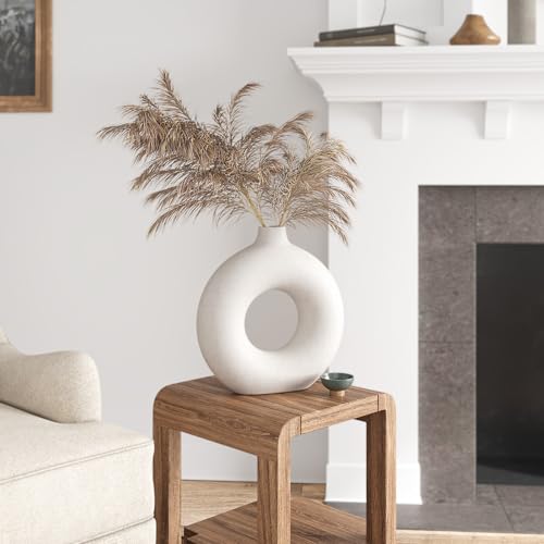 Cream White Donut Vase 9 Inch Hollow Ceramic Vase for Flowers Pampas Grass Home Decor (Large - 9''H / White)