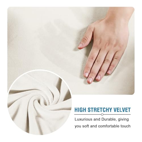 Modern Velvet Plush 4 Piece High Stretch Sofa Slipcover Sofa Cover Furniture Protector Form Fit Thick Velvet Sofa Cover for 3 Cushion Couch Width Up to 90 Inch (3 Cushion Sofa / Porcelain White)
