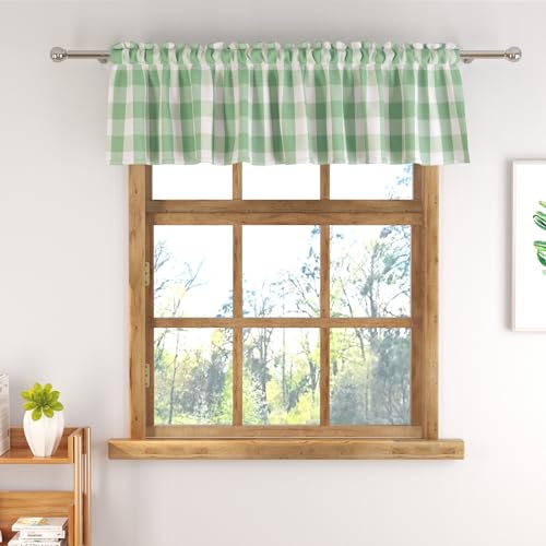Buffalo Check Plaid Valances Gingham 1 Pack Tiers Rod Pocket Green and White Farmhouse Short Curtains For Windows Treatment Decor Small Curtains Over Sink For Kitchen (54"W x 10"L (Pack of 1) / Green and White)