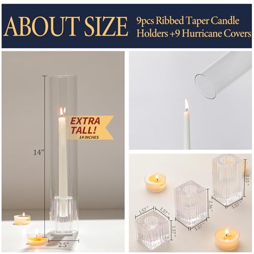 Hurricane Candle Holders with Ribbed Taper Candle Holders Set of 9 (Clear / 14H"-9pcs+9pcs Taper Holder（S/M/L）)