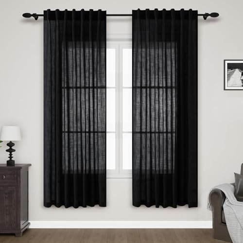 Black Semi Sheer Linen Curtains 72 inch Length for Living Room Back Tab Rod Pocket Modern Farmhouse Coastal Decor Cotton Textured Gauze Curtains for Dining Room Office 52x72 (52"W x 72"L (Pack of 2) / Black)