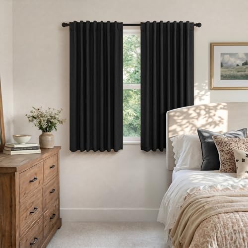 54 Inch Blackout Curtains Length 2 Panels Set Back Tab Pocket Room Darkening Insulating Thermal Short Sunblock Solar Soundproof Black Dark Out Curtains for Bedroom Nursery Man Cave 52x54 Long (Black / 52"W x 54"L (Pack of 2))