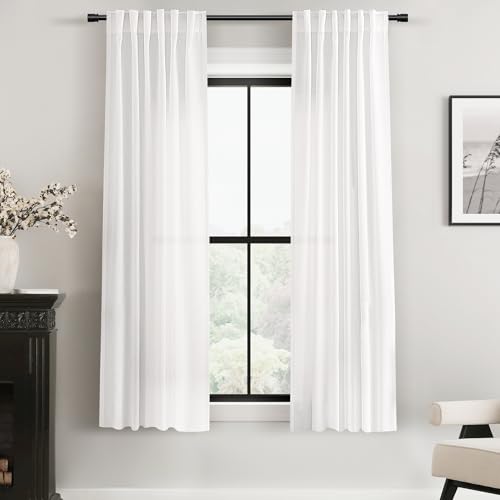 White Linen Curtains 63 inch Length 2 Panel Set for Living Room Back Tab Semi Sheer Light Filtering Bedroom Window Curtain 63 inch Long Cotton Textured Modern Elegant Coastal Drapes 42x63 (White / 42"W x 63"L (Pack of 2))