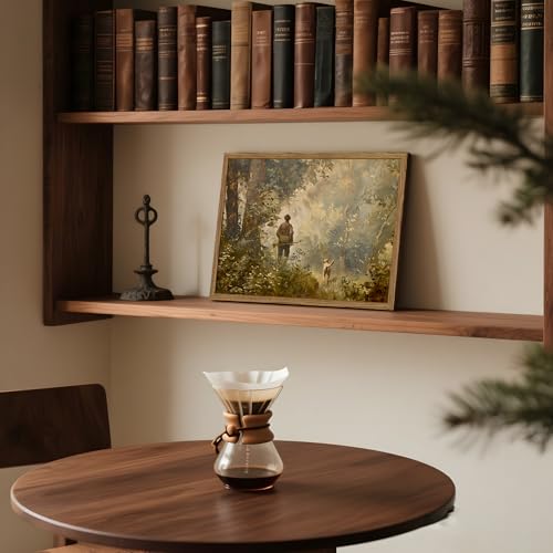 Vintage Hunting Wall Art Cottagecore Country Wall Decor Picture Moody Forest Landscape Poster Painting Canvas Prints for Bedroom Living Room Farmhouse 16x24 inch Wood Framed (24"L x 16"W / Hunting)
