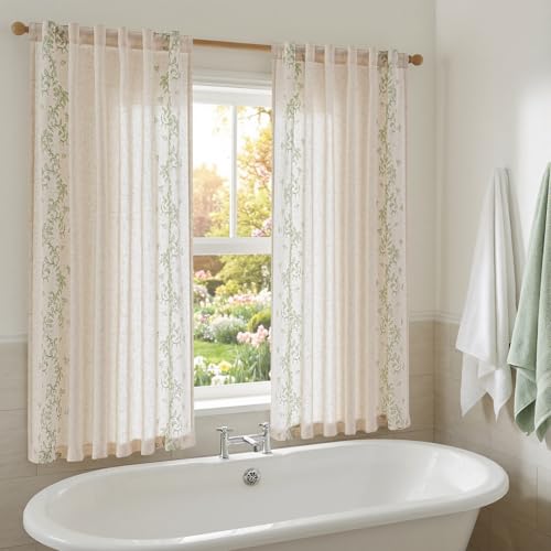 Floral Linen Curtains 63 Inch Farmhouse Back Tab 2 Panels (Vine | Sage / 50"W x 63"L (Pack of 2))