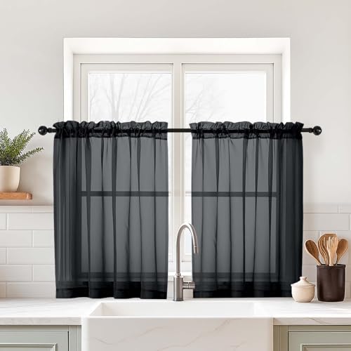 Black Small Sheer Curtains 2 Panels Set (Black / 42"W x 36"L (Pack of 2))