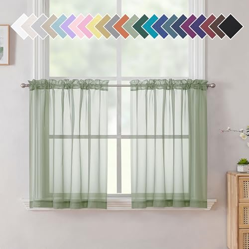Aiyufneg Small Sheer Tier Curtains Half Kitchen Curtain Sheers Light Filtering Farmhouse Window Panels Rod Pocket Voile Short Curtain for Bathroom (40"W x 24"L (Pack of 2) / Sage Green)