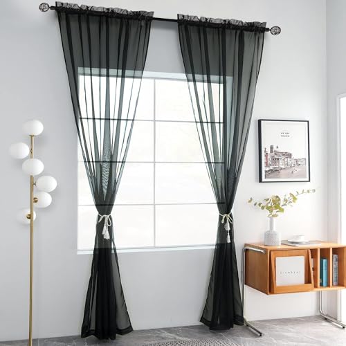 Solid Sheer Rod Pocket Curtain Voile Draperies 2 Panels White Beige Black Grey Coffee 52 Inch Width 96 Inch Long 1 Pair for Kitchen Bedroom Children Living Room Yard (Black / 52"W x 96"L (Pack of 2))