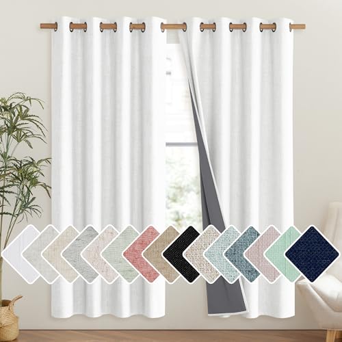 100% Absolutely Blackout Linen Curtains with Thermal Insulated Liner (52"W x 72"L (Pack of 2) / Greyish White)