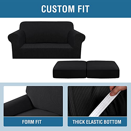 3 Piece Stretch Sofa Covers for 2 Cushion Loveseat Couch Covers for Living Room Furniture Cover (Medium / Black)