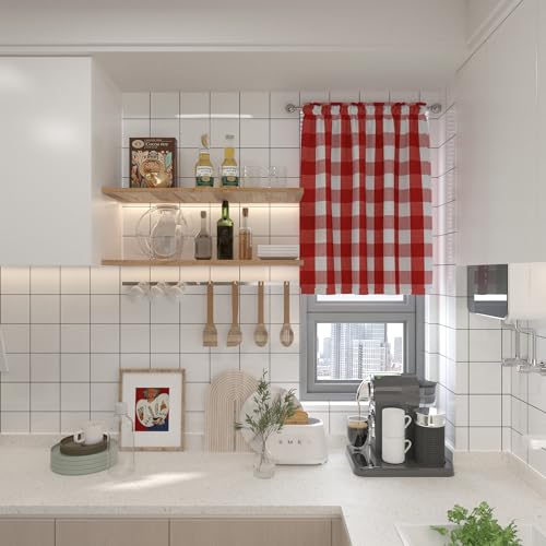 Short Curtains For Windows Treatment Buffalo Check Plaid Christmas Valances Gingham 2 Pack Tiers Rod Pocket Red and White Decor Small Curtains Over Sink For Kitchen (34"W x 30"L (Pack of 2) / Red and White)