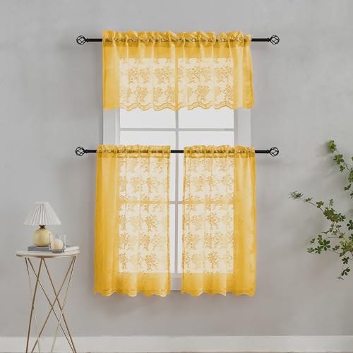 Vintage Lace Curtains Short (Mustard Yellow / 26"W x 30"L (Pack of 2))
