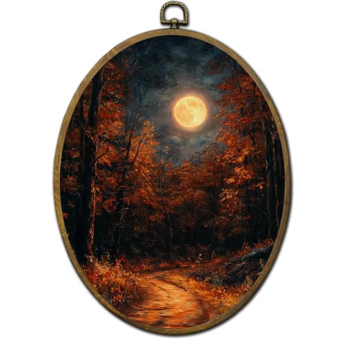 Dark Moody Fall Full Moon Forest Landscape Oval Wall Art Decor Framed (Color01)
