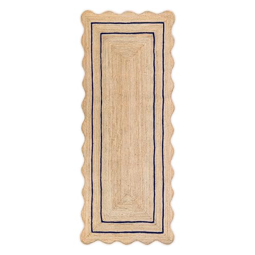 Wave Scalloped Natural Jute Boho Entryway Runner Farmhouse Scallop Rug (Navy / 2'x10' (Runner))