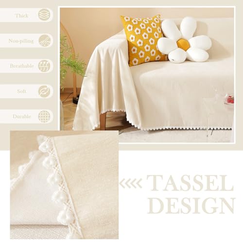 Beige Couch Covers for 3 Cushion Couch Sofa Cute Sofa Covers with White Daisy Lace Pet Couch Protector Thick Chenille Couch Cover for Dogs Sectional Sofa L Shape Futon (71" x 150" / Daisy:beige)