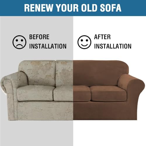 Modern Velvet Plush 4 Piece High Stretch Sofa Slipcover Sofa Cover Furniture Protector Form Fit Luxury Velvet Sofa Cover for 3 Cushion Couch Width Up to 90 Inch (3 Cushion Sofa / Caramel Cafe)