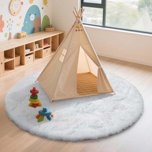 White Fluffy Round Area Rugs for Bedroom (White / 4' (Round))