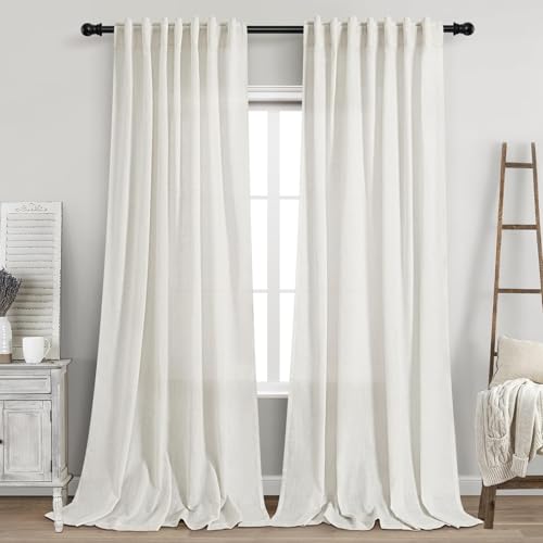 Beige White Linen Curtains for Living Room Extra Long 110 Inches Long Back Tab Light Filtering Semi Sheer Curtain Farmhouse Decor Floor to Ceiling High Window for Bedroom Office 52x110 (52"W x 110"L (Pack of 2) / Beige White)