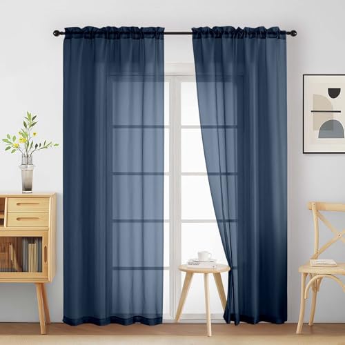 Navy Blue Sheer Curtains 84 Inches Long 2 Panels (42"W x 84"L (Pack of 2) / Navy Blue)