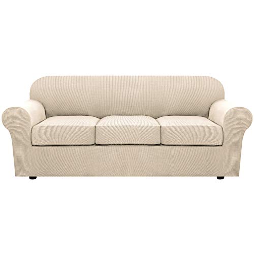 4 Piece Stretch Couch Covers for 3 Cushion Couch Sofa Furniture Slipcovers Feature Upgraded Thicker Jacquard Fabric (Large / Natural)