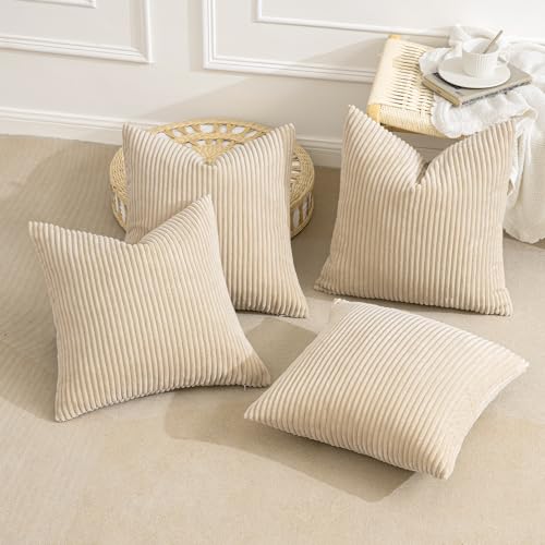 Soft Corduroy Decorative Throw Pillow Covers Beige 18x18 (18" x 18" (Pack of 4) / Beige)