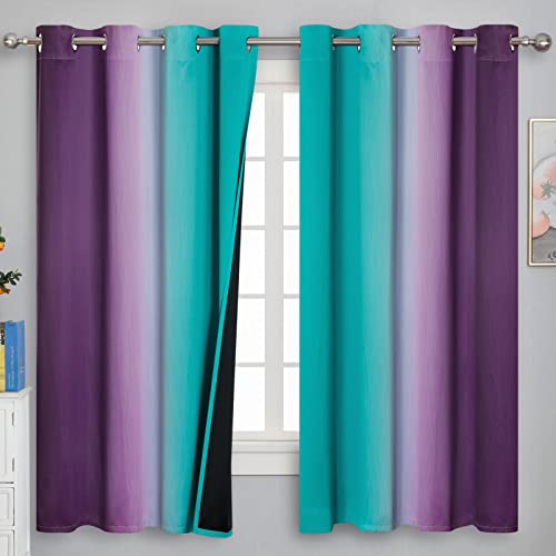 Ombre Teal and Purple Blackout Curtains for Kids Bedroom (Purple and Teal / 52"W x 63"L (Pack of 2))
